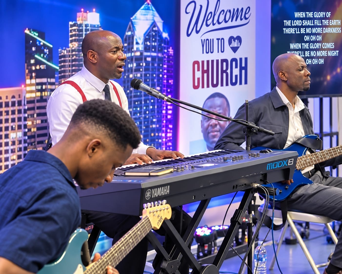 Worship band leading music before the Word